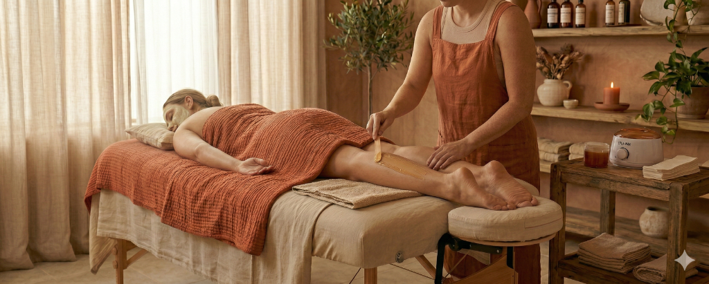 Épilation à la cire dans un institut de beauté aux tons terracotta